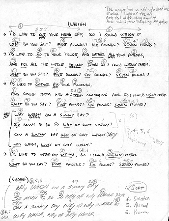 Mike Gordon’s “Weigh” lyric sheet – top right says: “the singer has a rift w/a love, makes light of the rift, gets fed up thinking about it, asks “why bothering weighing my options.”